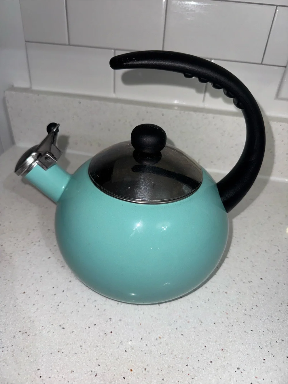 Farberware Aqua Teal Whistling Stovetop Kettle with Black Handle